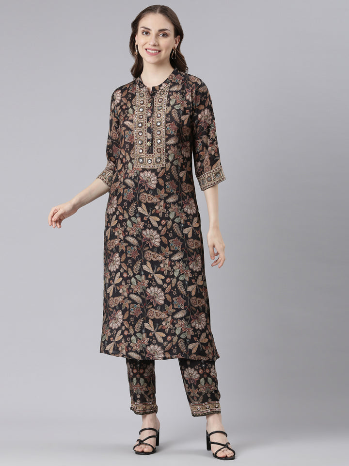 Neerus Black Muslin Straight Casual Floral Kurta Sets