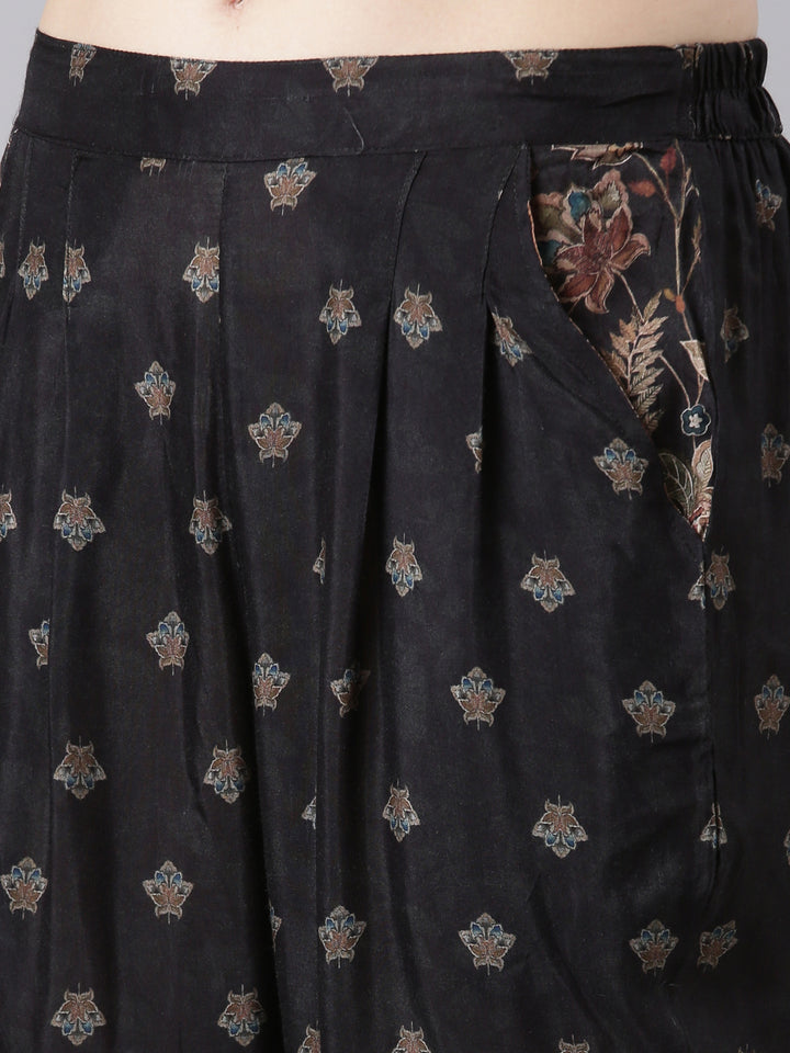 Neerus Black Muslin Straight Casual Floral Kurta Sets