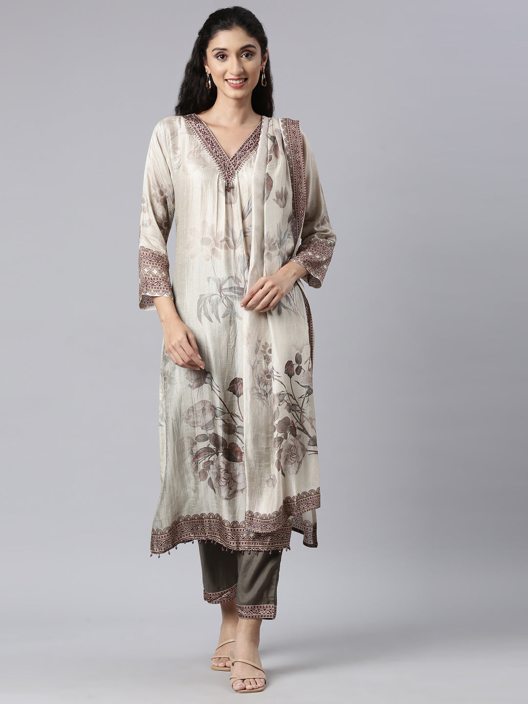 Neerus Gold embellished straight suit set with dupatta - front view