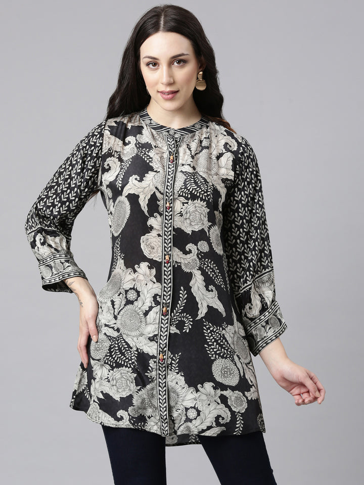 Neerus Black crepe printed high-low kurti - front view