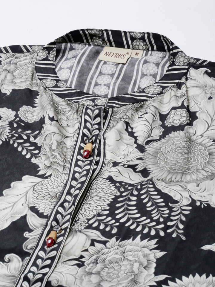Neerus Black crepe printed high-low kurti - detail view 1