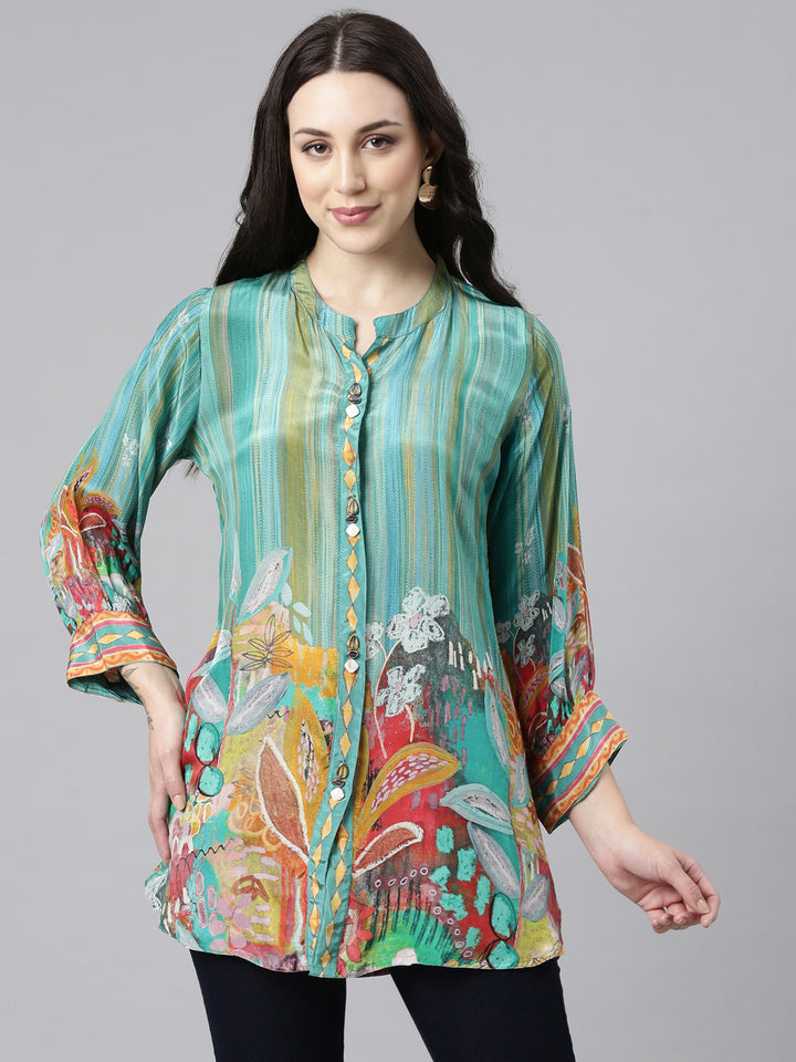 Neerus Green crepe printed high-low kurti - front view