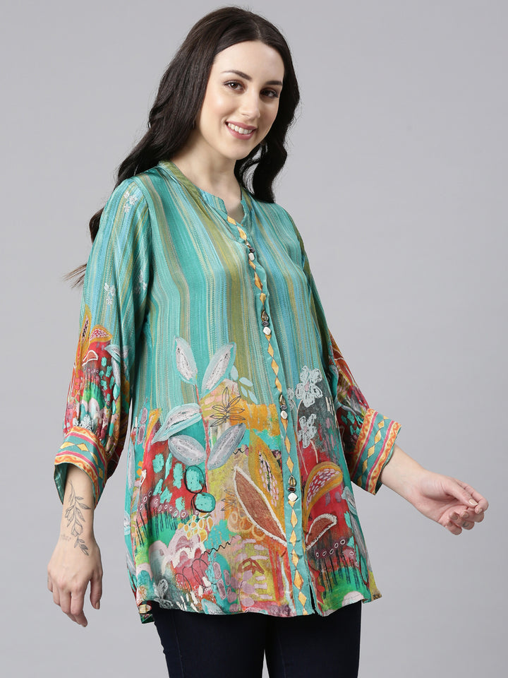 Neerus Green crepe printed high-low kurti - back view