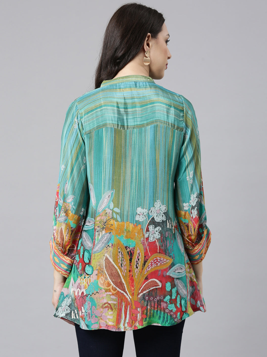 Neerus Green crepe printed high-low kurti - side view