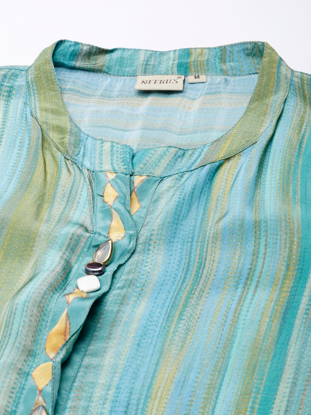 Neerus Green crepe printed high-low kurti - detail view 1