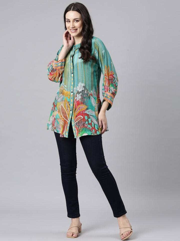Neerus Green crepe printed high-low kurti - detail view 2