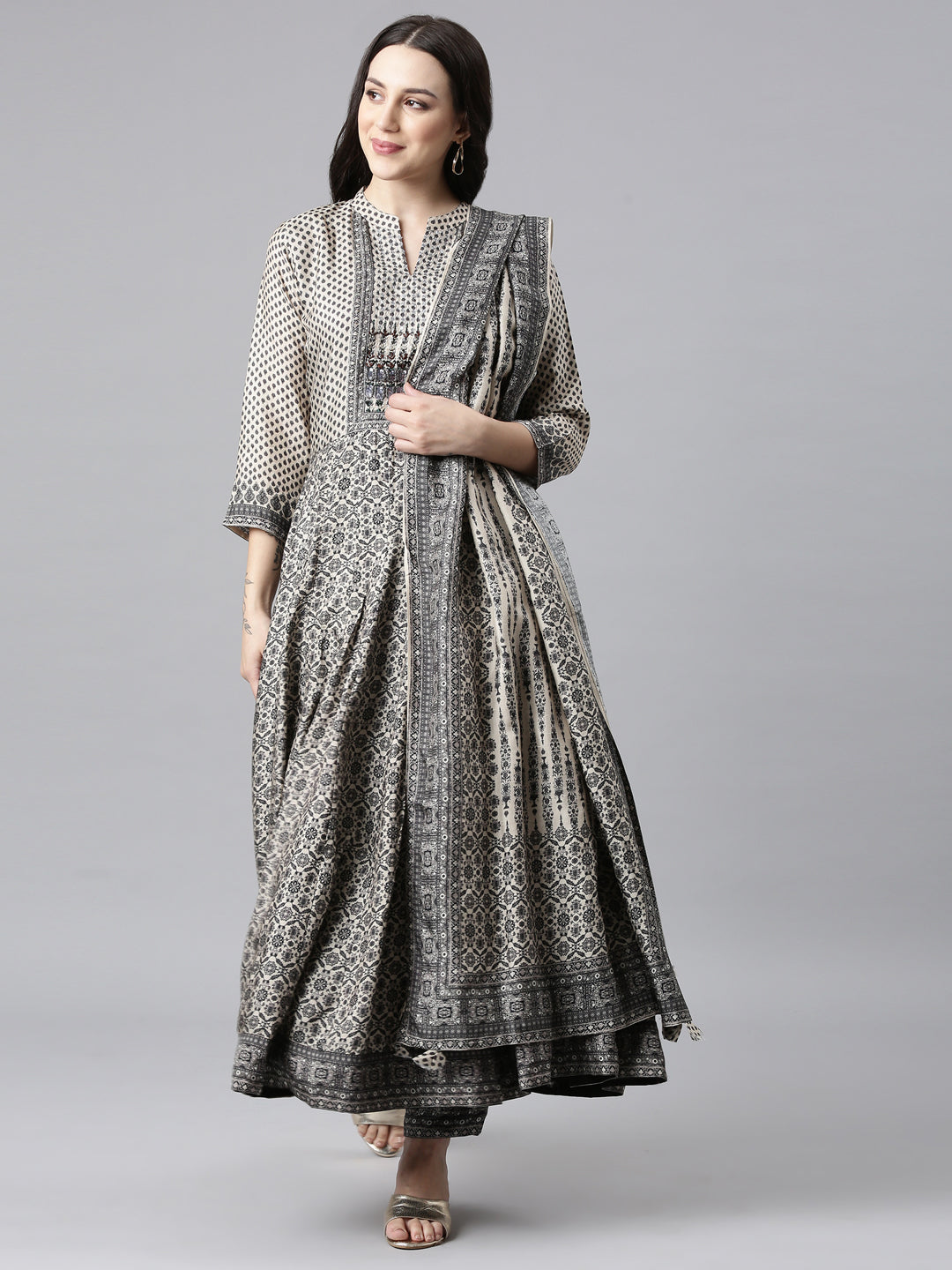 Neerus Black raw silk anarkali suit set - front view