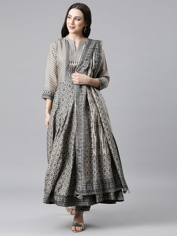 Neerus Black raw silk anarkali suit set - front view