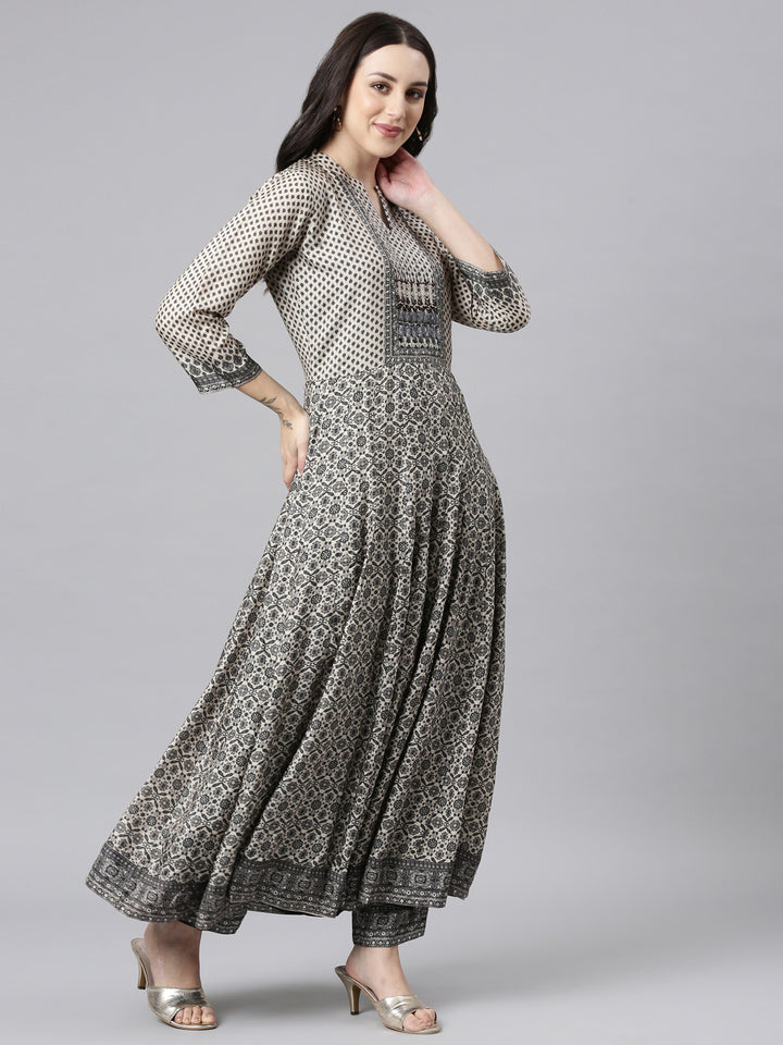 Neerus Black raw silk anarkali suit set - back view