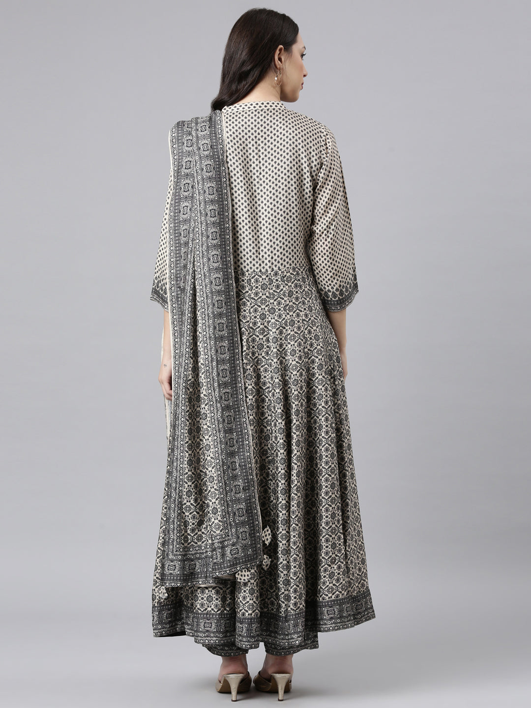 Neerus Black raw silk anarkali suit set - side view