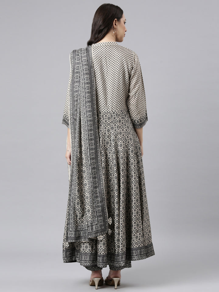 Neerus Black raw silk anarkali suit set - side view