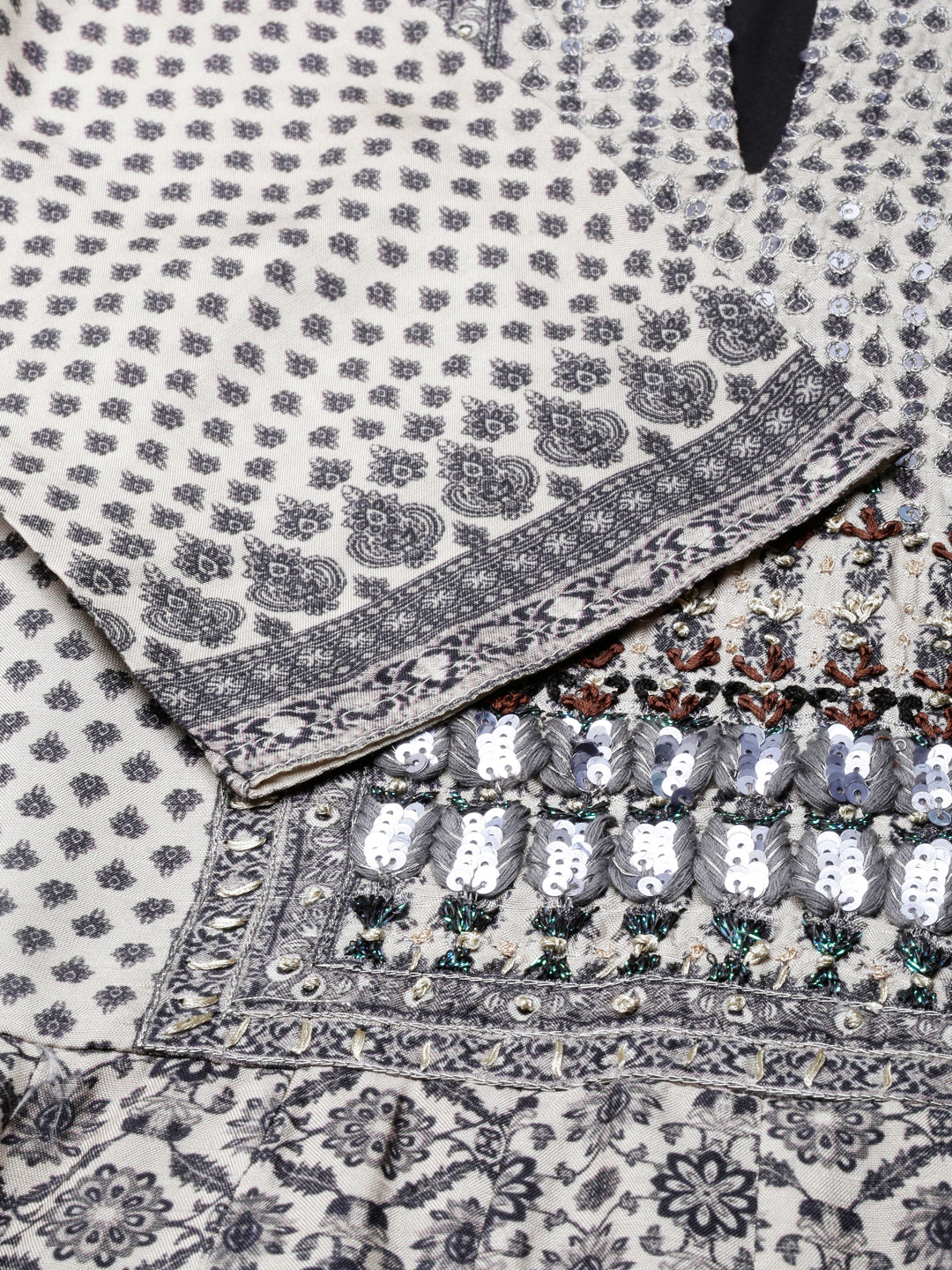 Neerus Black raw silk anarkali suit set - detail view 1