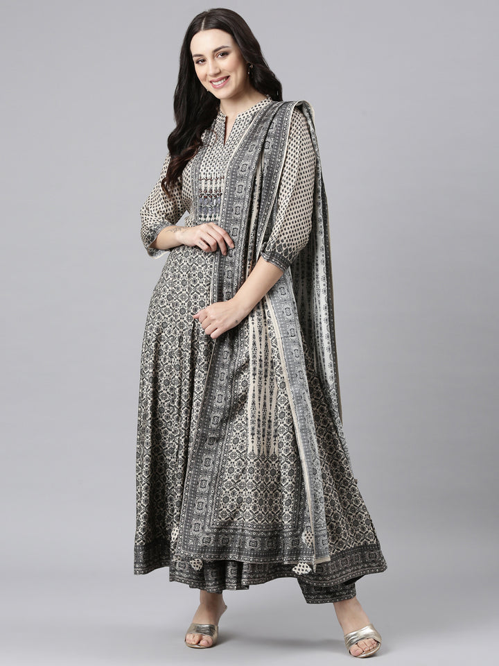 Neerus Black raw silk anarkali suit set - detail view 2