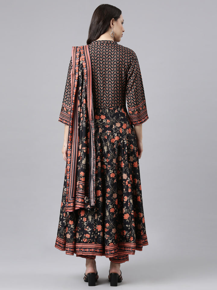 Neerus Black Regular Anarkali Kurta and Trousers With Dupatta