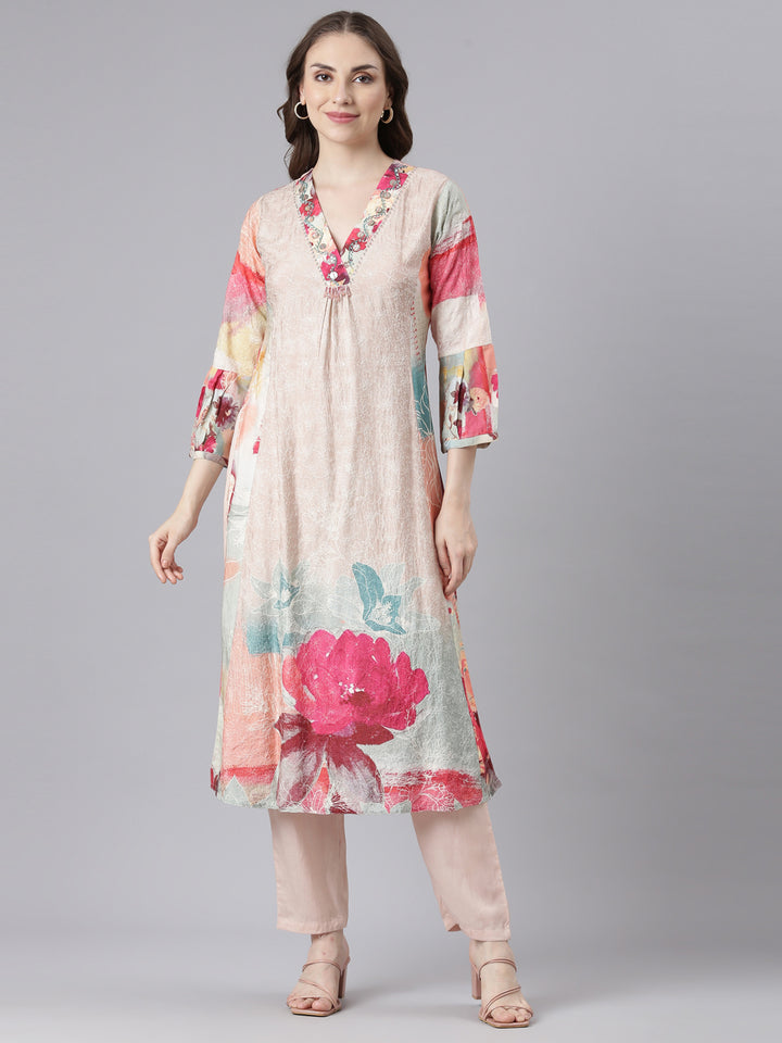 Neerus Multi Chinon Straight Casual Floral Kurta Sets