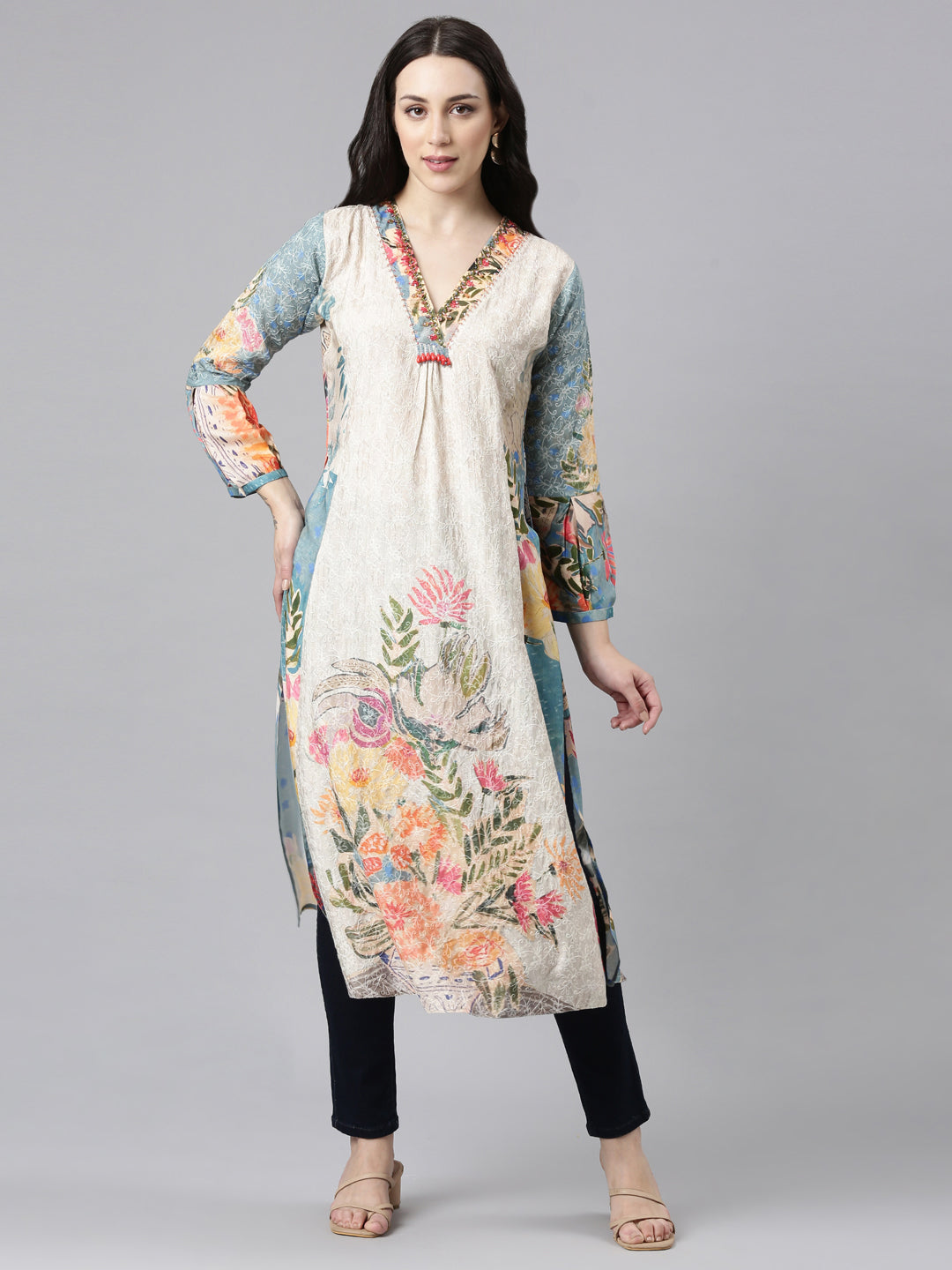 Neerus White rayon panelled straight kurta set - front view