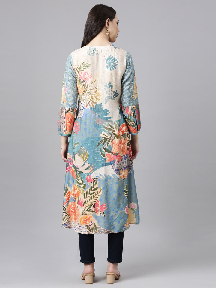 Neerus White rayon panelled straight kurta set - side view