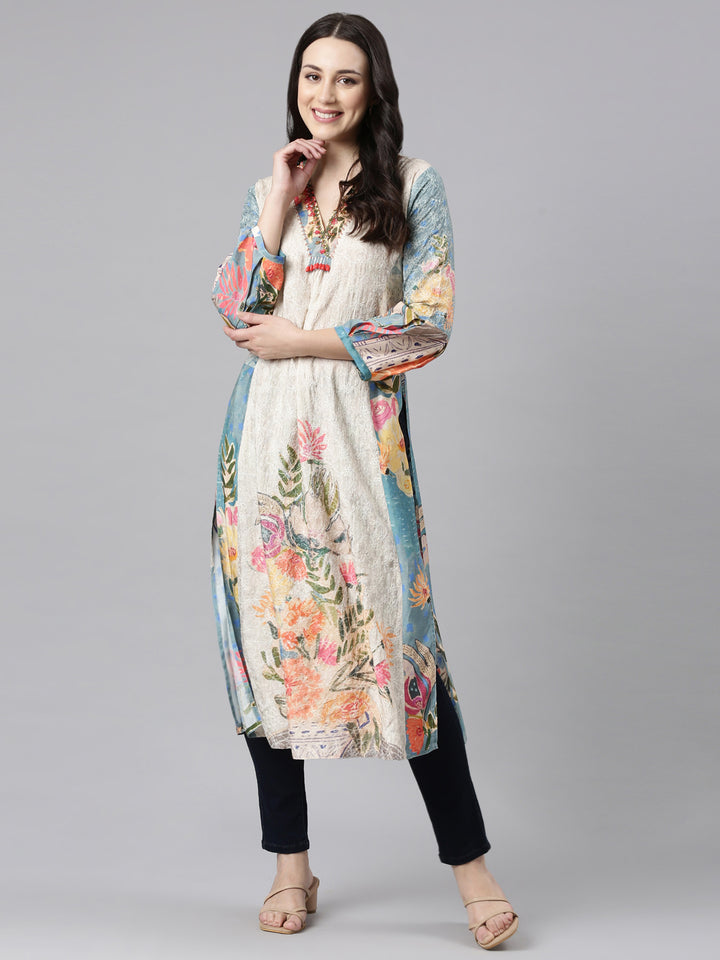 Neerus White rayon panelled straight kurta set - detail view 2