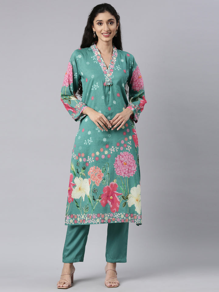 Neerus Green Panelled Straight Kurta and Trousers