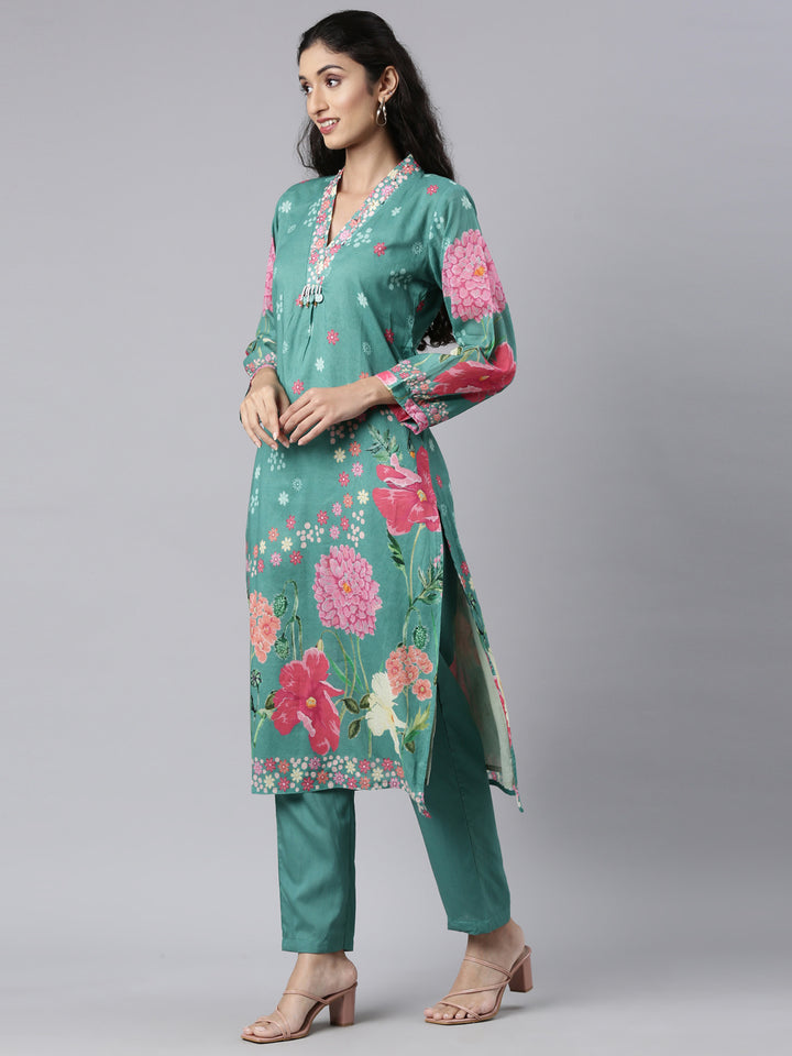Neerus Green Panelled Straight Kurta and Trousers