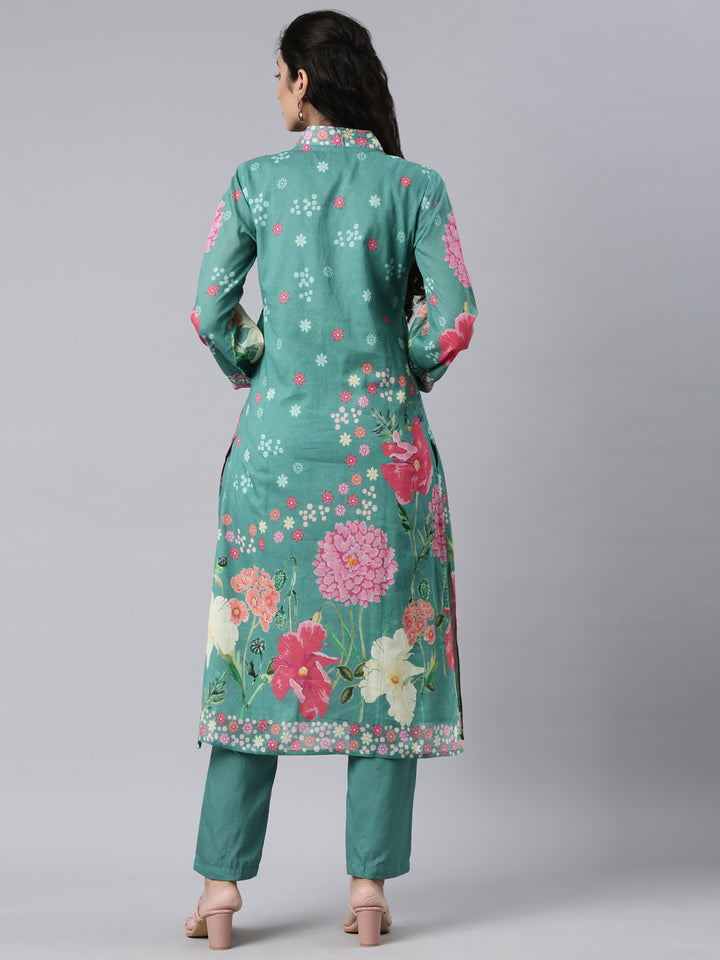 Neerus Green Panelled Straight Kurta and Trousers