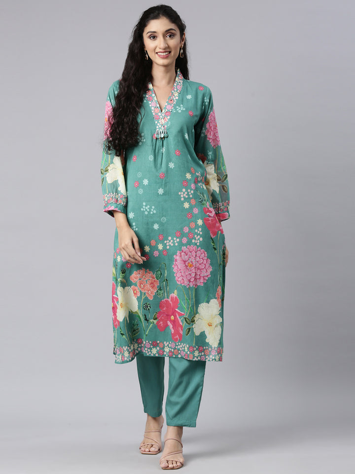Neerus Green Panelled Straight Kurta and Trousers