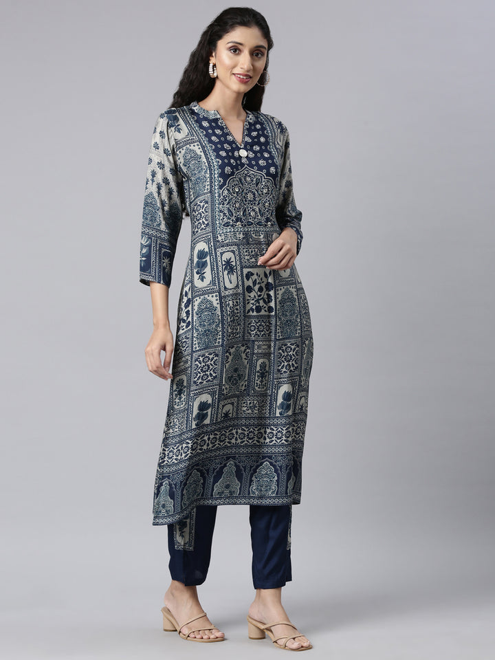 Neerus Navy Blue Regular Straight Kurta and Trousers With Dupatta