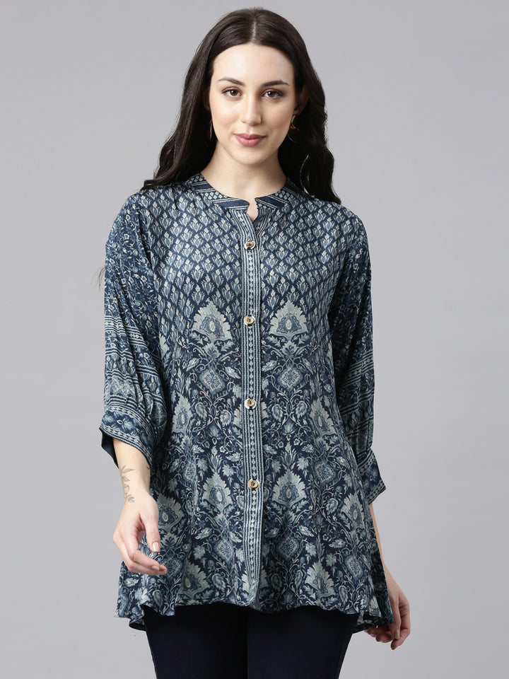 Neerus Blue crepe printed high-low kurti - front view