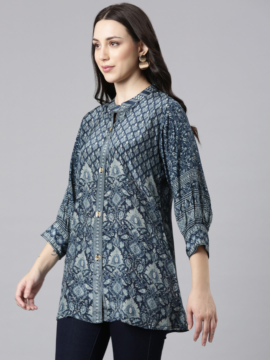 Neerus Blue crepe printed high-low kurti - back view