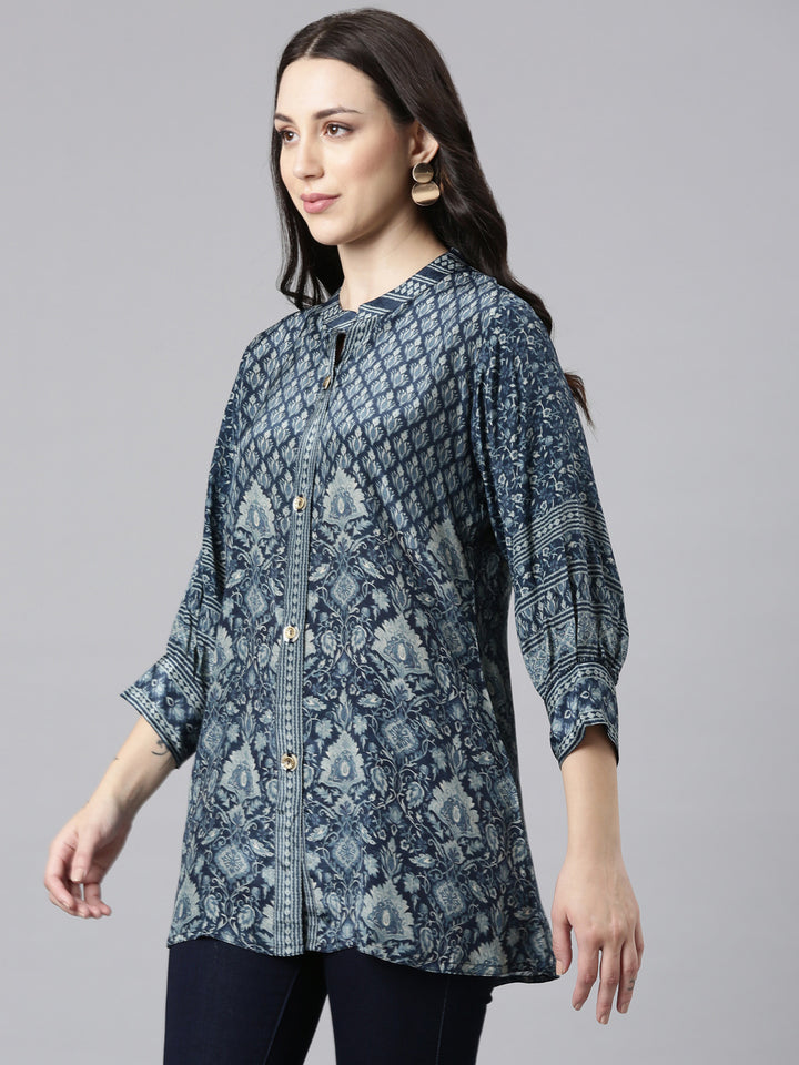 Neerus Blue crepe printed high-low kurti - back view