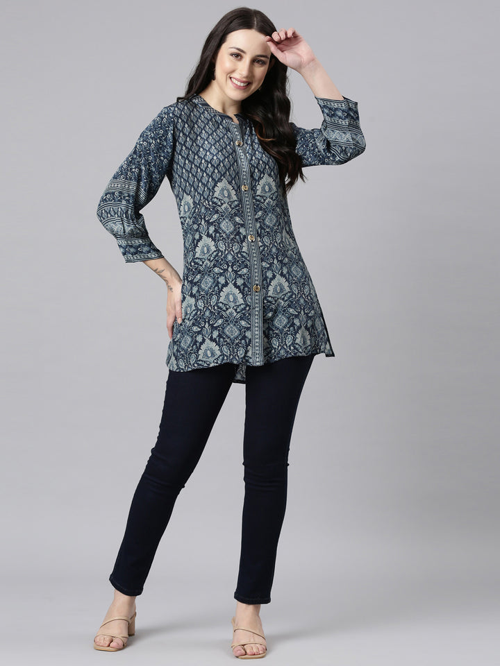 Neerus Blue crepe printed high-low kurti - detail view 2