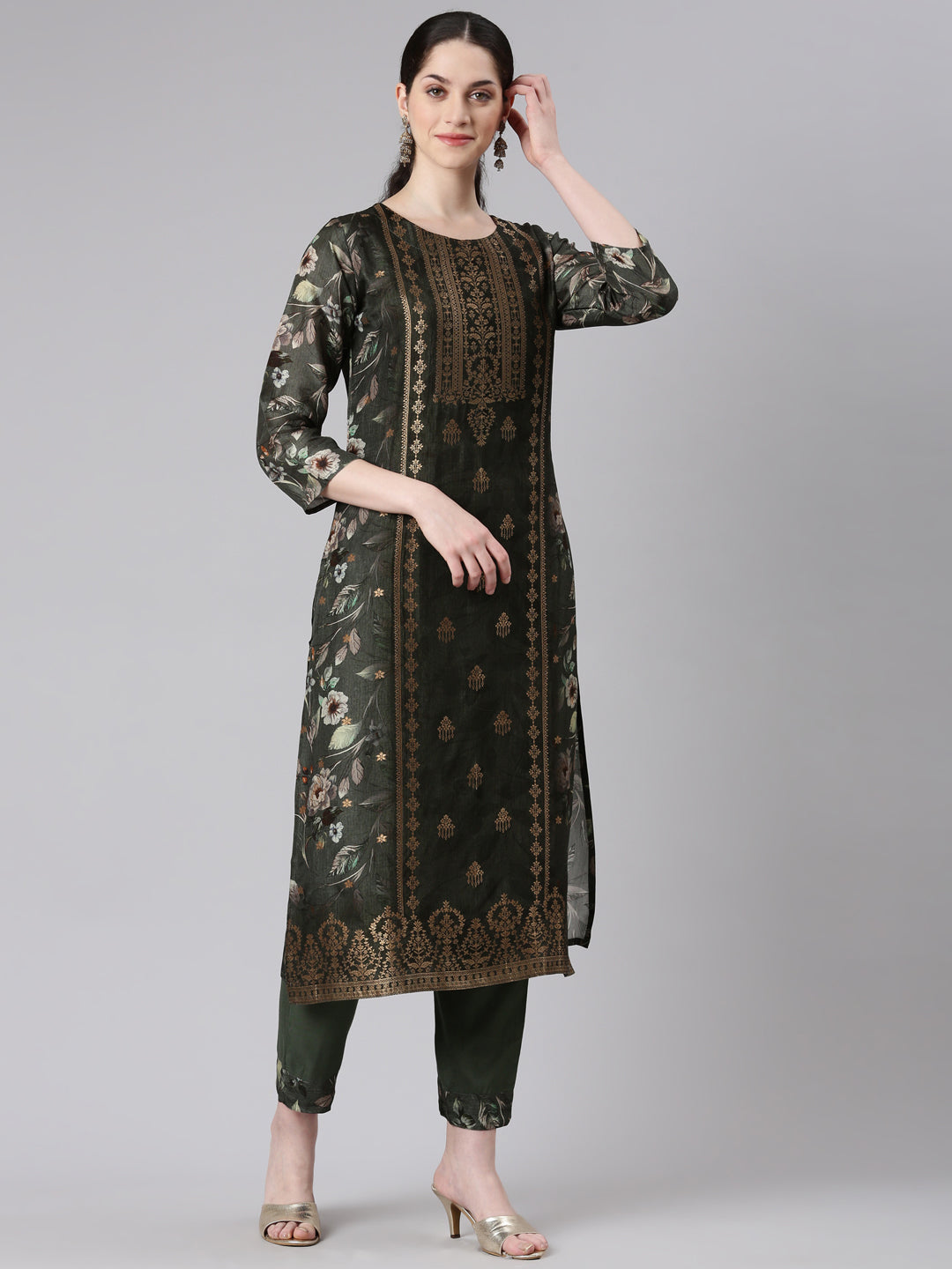 Neerus Green raw silk straight suit set - back view