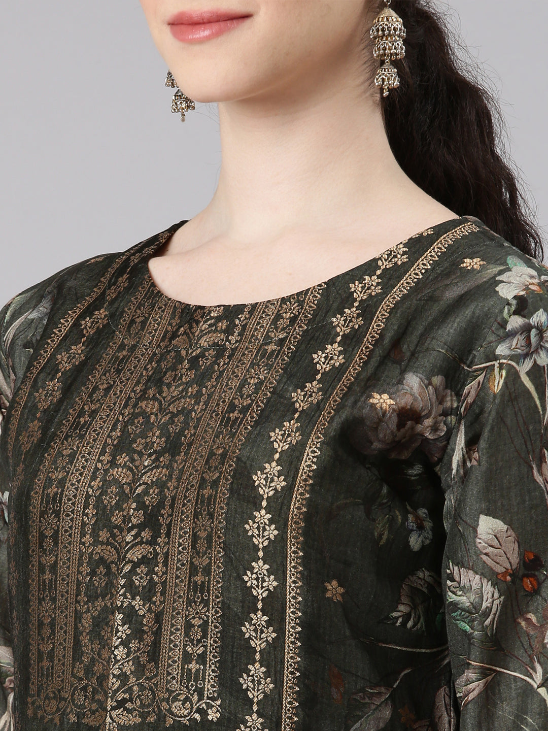 Neerus Green raw silk straight suit set - detail view 1