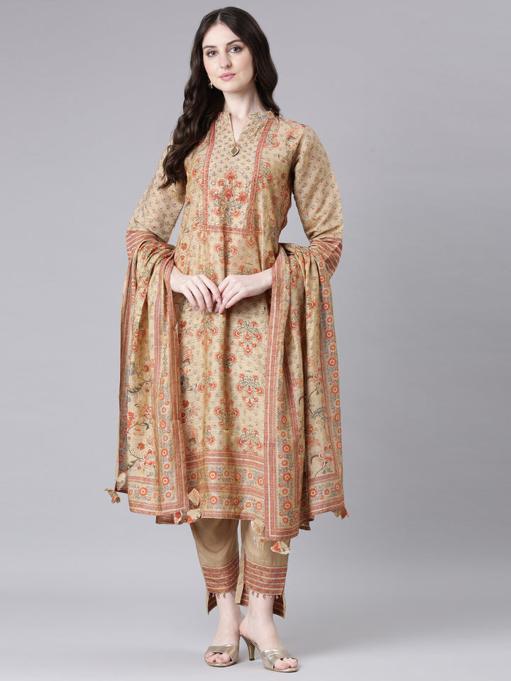 Neerus Beige Printed Straight Kurta and Trousers With Dupatta