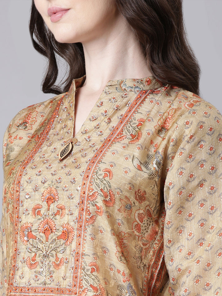 Neerus Beige Printed Straight Kurta and Trousers With Dupatta