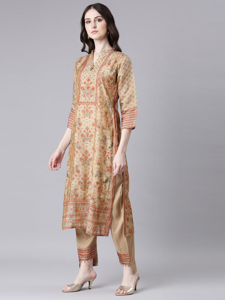 Neerus Beige Printed Straight Kurta and Trousers With Dupatta