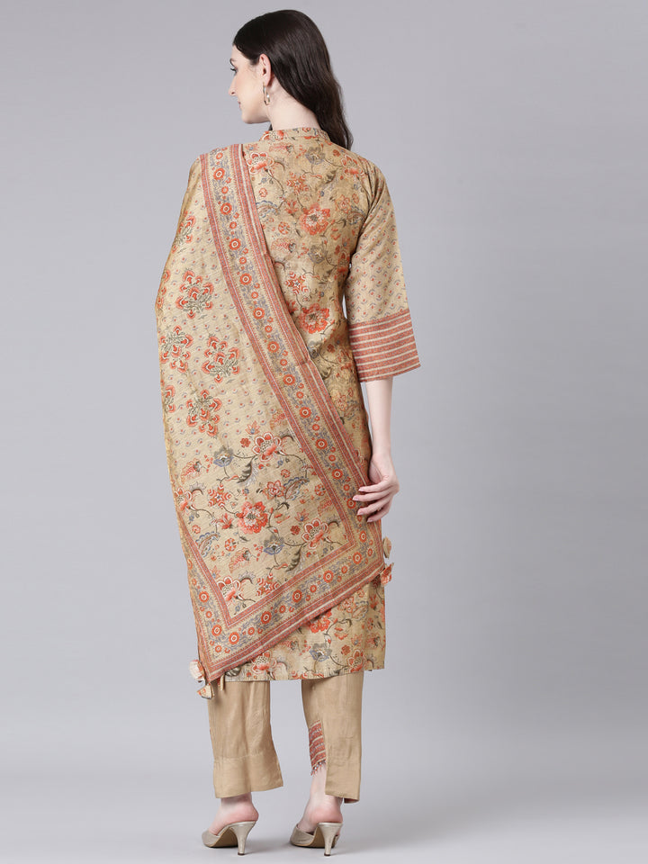 Neerus Beige Printed Straight Kurta and Trousers With Dupatta