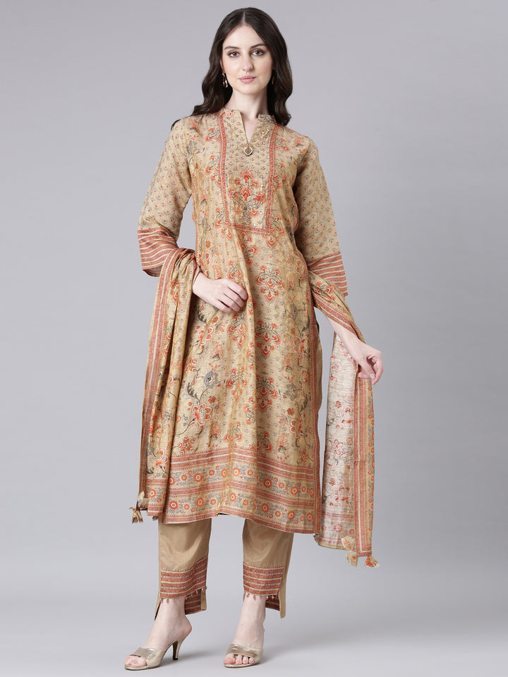 Neerus Beige Printed Straight Kurta and Trousers With Dupatta