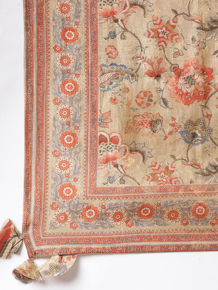 Neerus Beige Printed Straight Kurta and Trousers With Dupatta