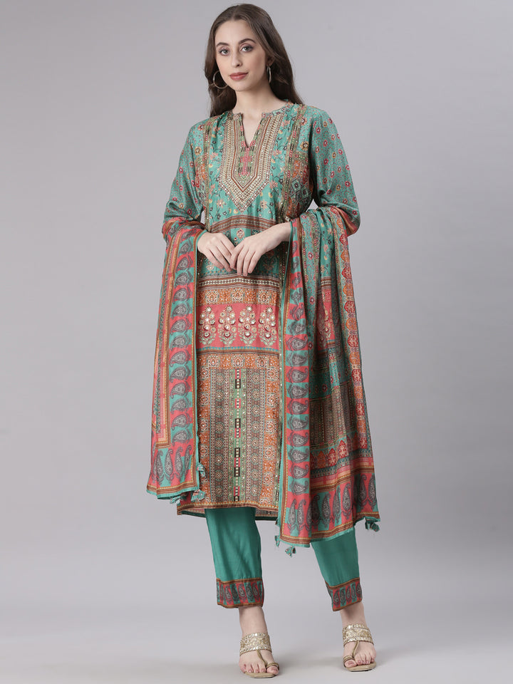 Neerus Green Printed Straight Kurta and Trousers With Dupatta