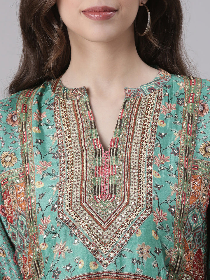 Neerus Green Printed Straight Kurta and Trousers With Dupatta