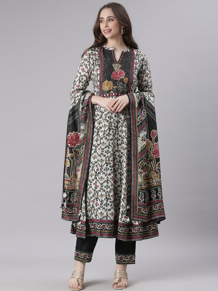 Neerus Off White Printed Straight Kurta and Trousers With Dupatta