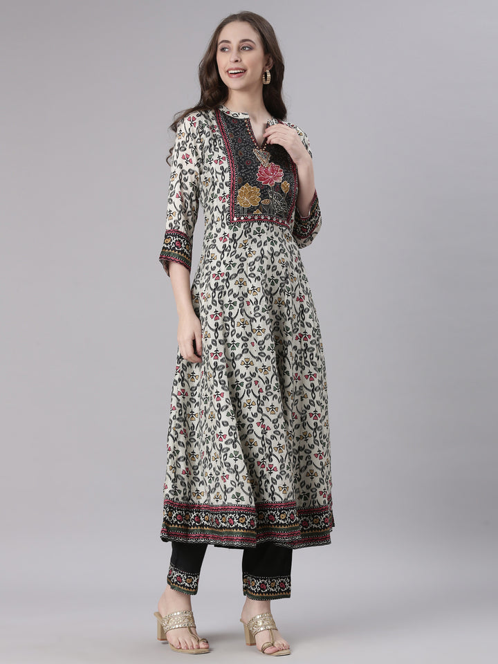 Neerus Off White Printed Straight Kurta and Trousers With Dupatta