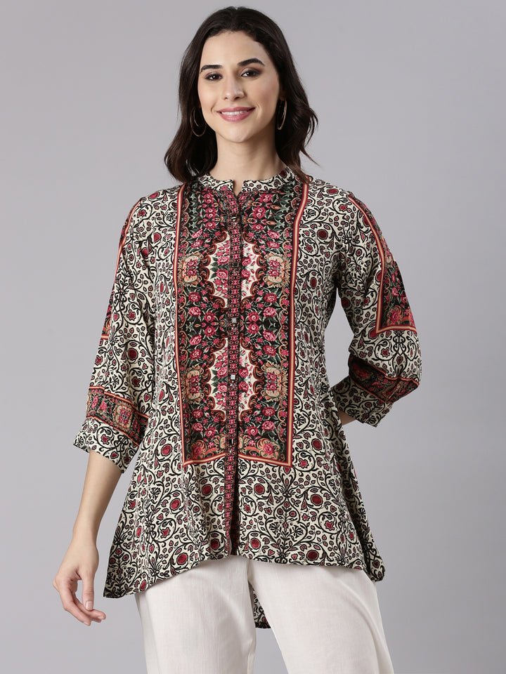 Cream Crepe Kalamkari Print Top