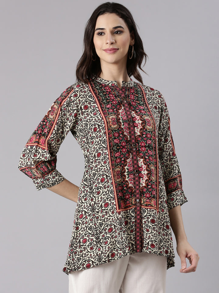 Cream Crepe Kalamkari Print Top