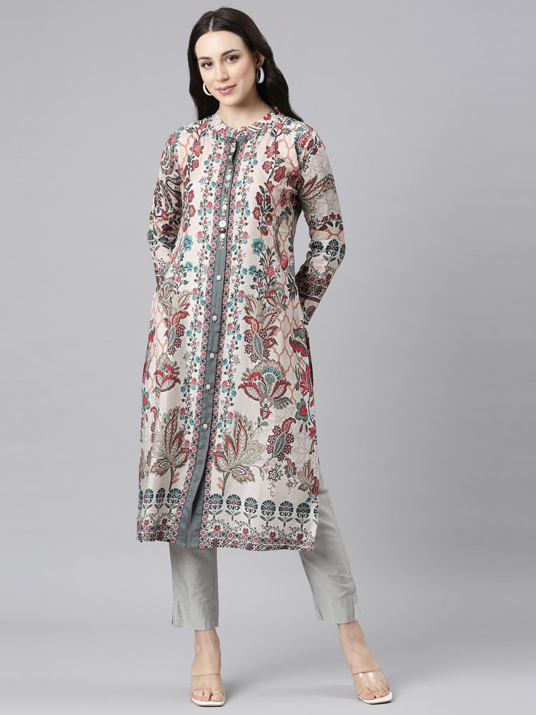 Neerus White floral printed straight kurta - front view