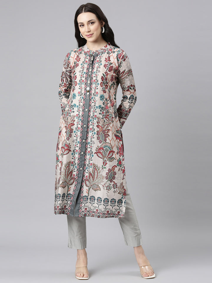 Neerus White floral printed straight kurta - front view