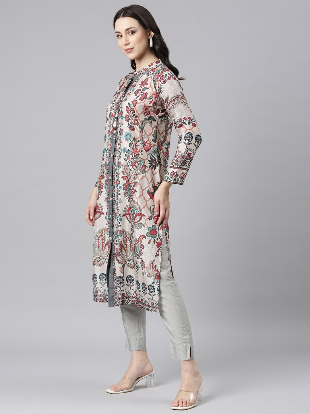 Neerus White floral printed straight kurta - back view