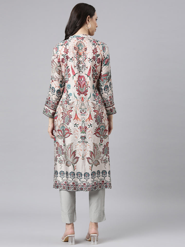 Neerus White floral printed straight kurta - side view