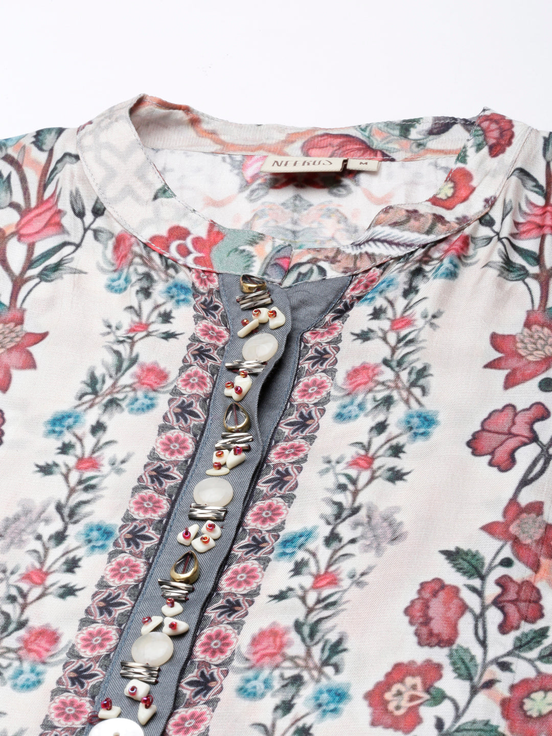 Neerus White floral printed straight kurta - detail view 1